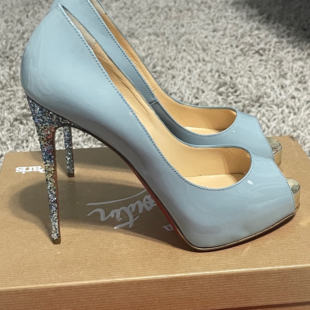 Christian Louboutin Light Blue Peep-Toe Heels with Glitter Stiletto